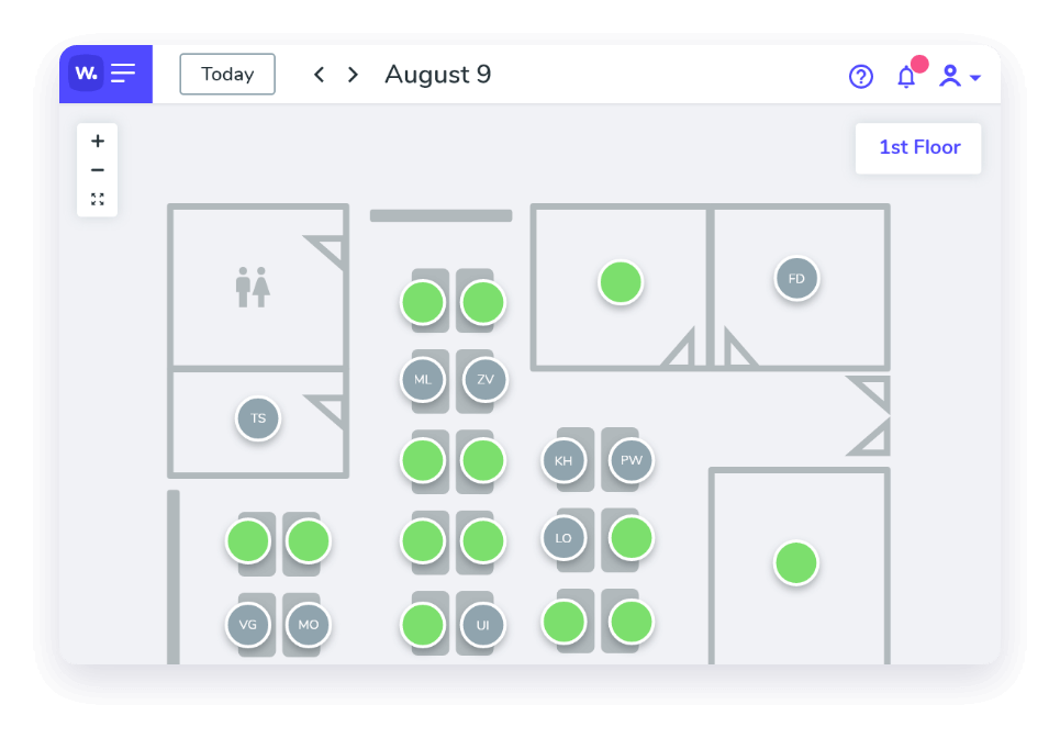 Interactive plan for booking meeting rooms, parking spaces, and public spaces.
