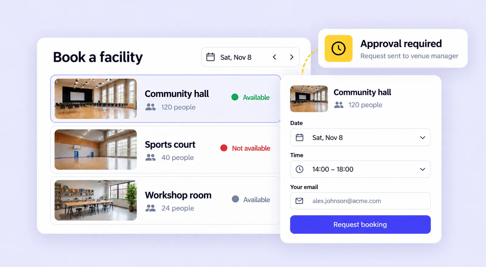 Vista di prenotazione strutture in Whatspot con disponibilità della sala e richieste
