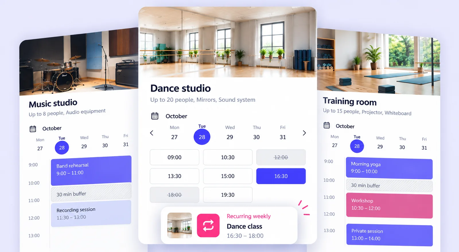 Vista di prenotazione Whatspot per spazi di musica, danza e allenamento con disponibilità