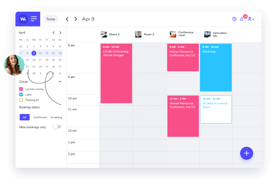 Whatspot dashboard showcasing a daily agenda, resource booking approval system, and real-time space usage tracking.